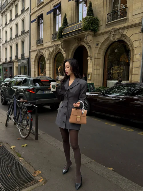 Chic Blazer Dress with Sheer Tights and Elegant Accessories
