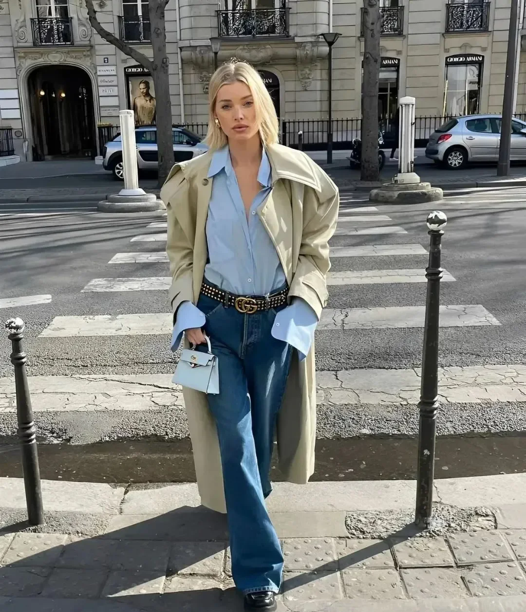 Chic Urban Style with a Light Blue Shirt and Trench Coat Ensemble