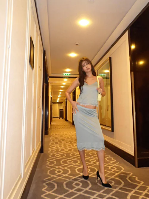 Elegant Soft Blue Monochrome Outfit with Lace Details and Black Heels