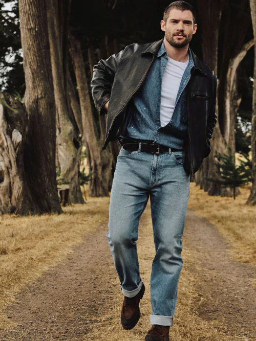 Rugged Layered Style with Black Leather Jacket and Light Wash Denim