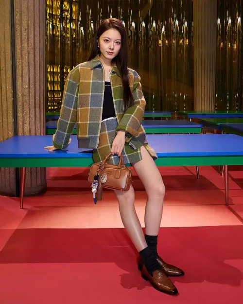 Miu Miu Spring/Summer Clothing. Classic Plaid Jacket and Skirt Set with Brown Leather Accessories