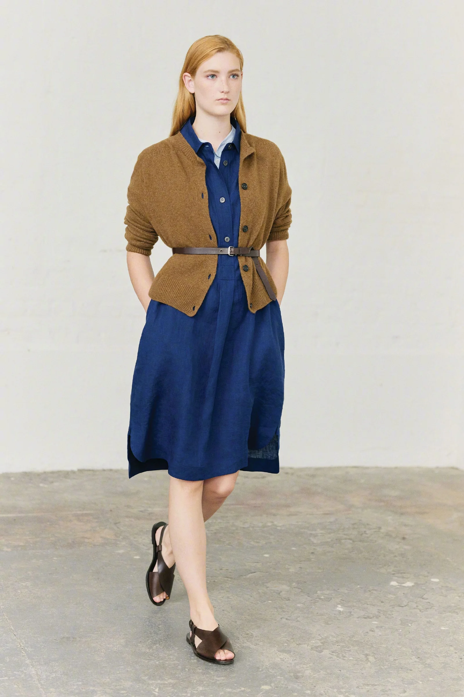 Sophisticated Blue Dress and Brown Cardigan with Belted Detail