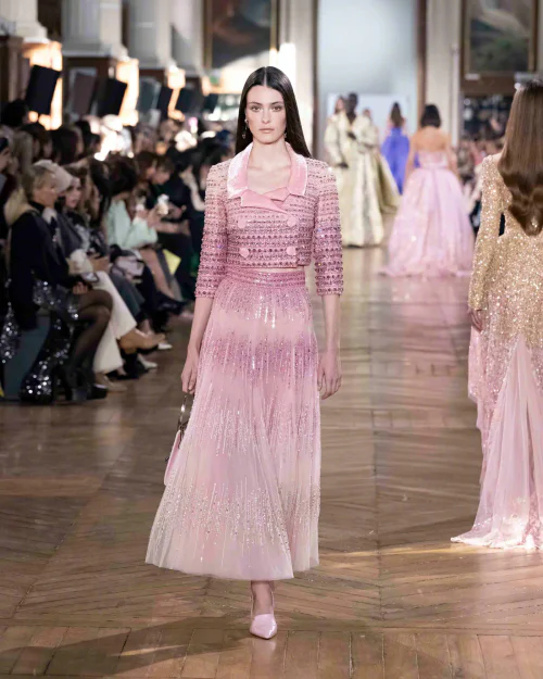 Elegant Pink Ensemble with Sparkling Details and Vintage Flair