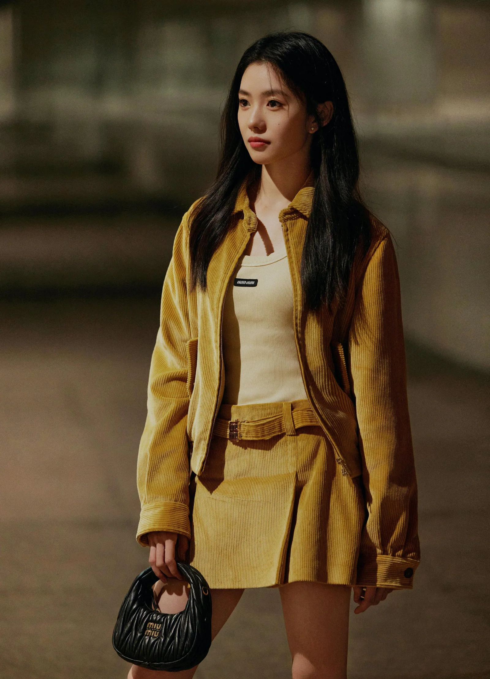 Mustard Yellow Corduroy Jacket and Skirt Set with Black Handbag