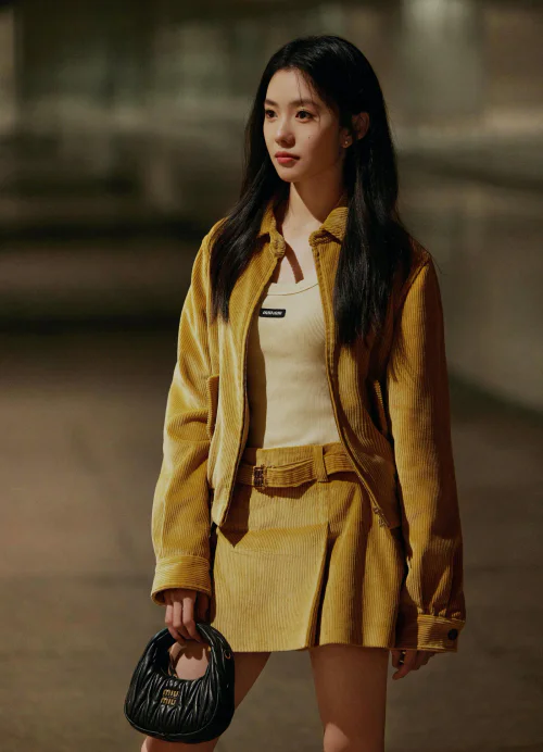 Mustard Yellow Corduroy Jacket and Skirt Set with Black Handbag