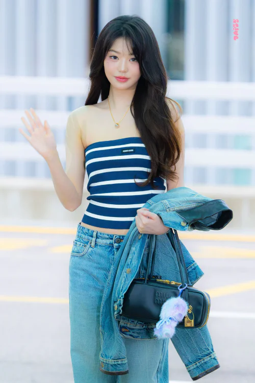Jang Wonyoung OOTD. Casual Nautical Stripes with Denim Accents and Stylish Details