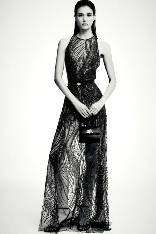 Elegant Black Sheer Evening Gown with Intricate Embellishments