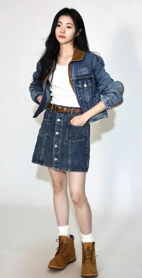 Denim-on-Denim Chic with Tan Accents and Rugged Boots