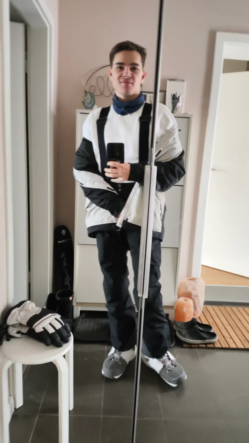Black and White Ski Jacket with Black Trousers for Winter Sports