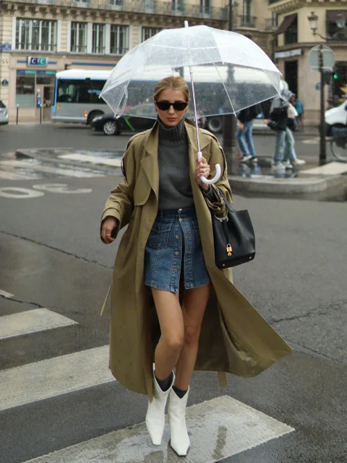 Urban Chic Ensemble with Camel Trench, Denim Skirt, and White Boots
