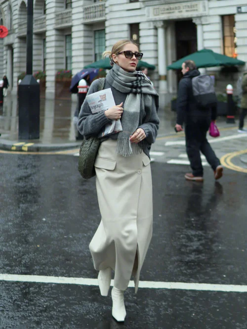 Chic Urban Style: Oversized Grey Sweater with Cream Skirt and White Boots