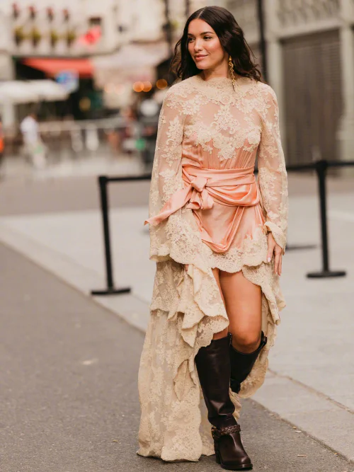 Romantic Lace Dress with Asymmetrical Hem and Knee-High Boots