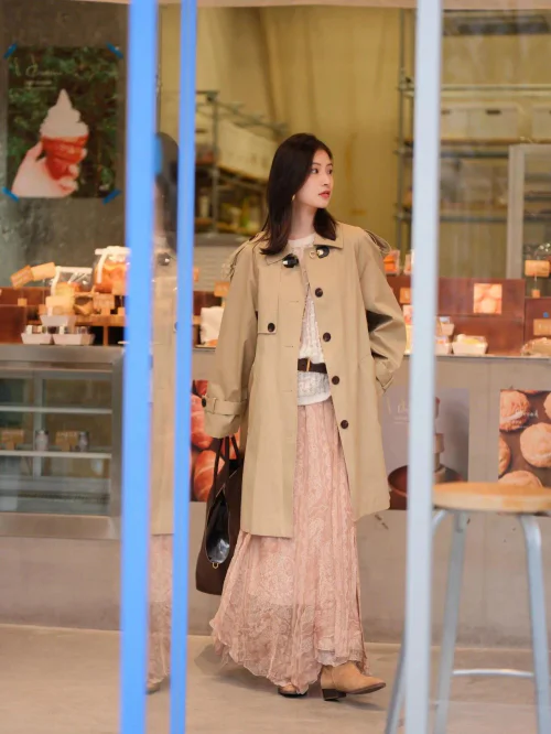 Elegant Beige Trench Coat with Lace Maxi Skirt and Tan Boots for Stylish Look
