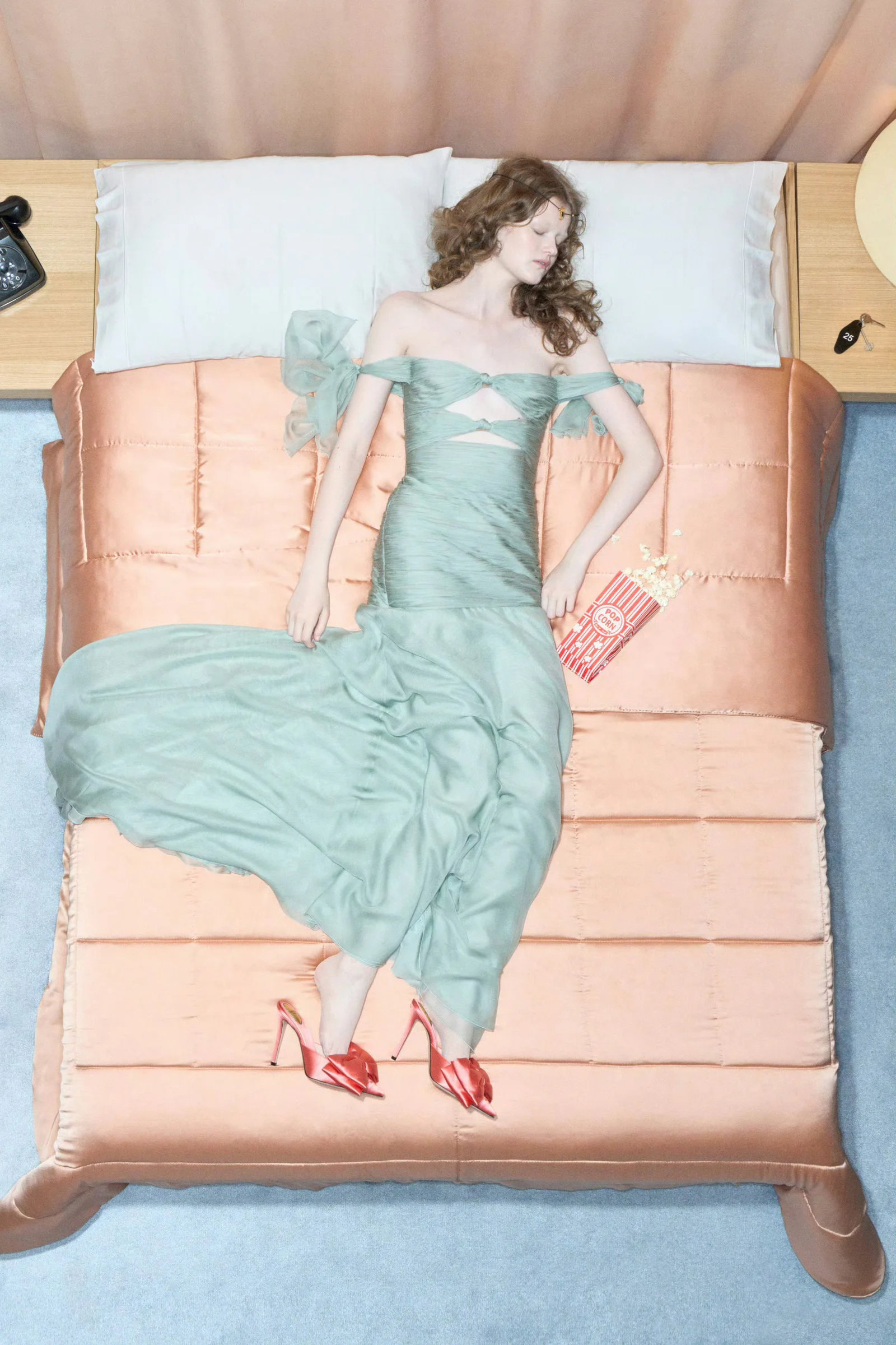 Elegant Mint Green Gown with Bold Red Heels for a Contrasting Style Statement