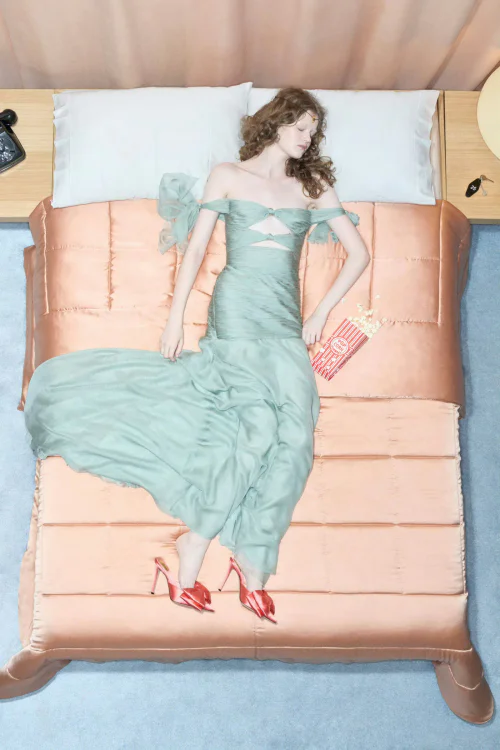 Elegant Mint Green Gown with Bold Red Heels for a Contrasting Style Statement