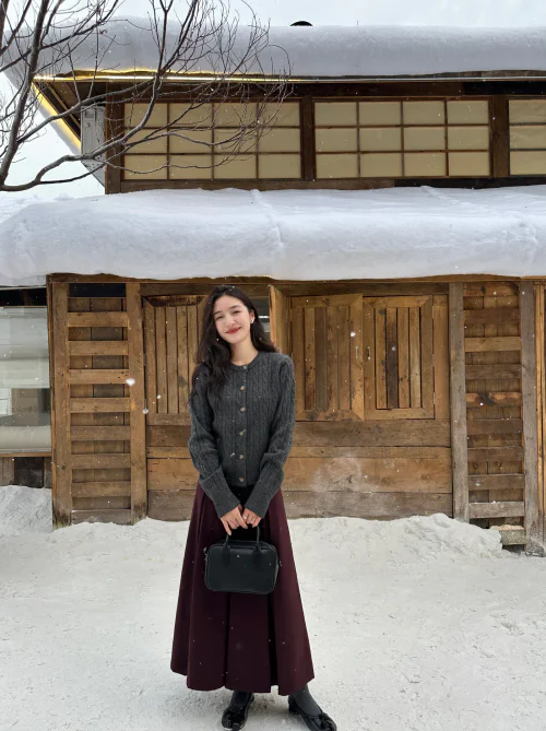 Chic Winter Ensemble with Gray Cardigan and Burgundy Skirt