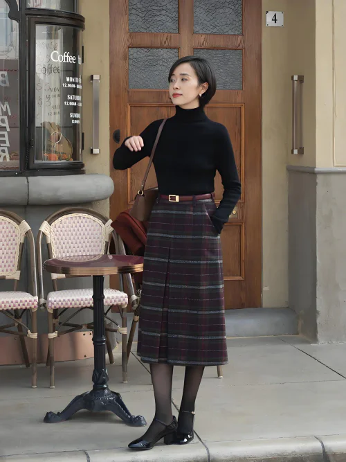 Classic Elegance with a Black Turtleneck and Plaid Midi Skirt Ensemble