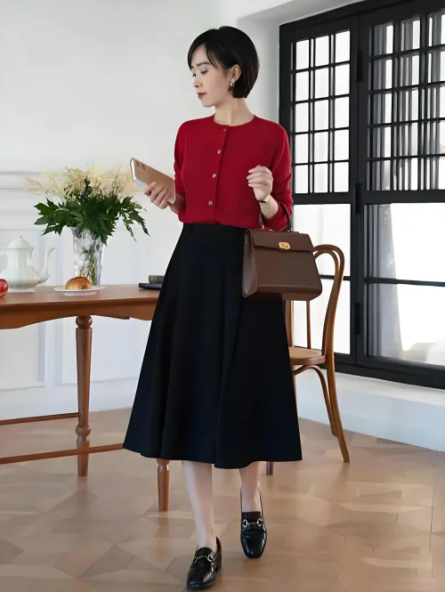 Classic Red Cardigan and Black Midi Skirt with Patent Loafers