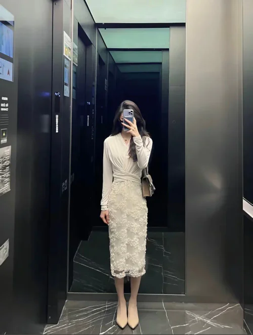 Elegant White Top and Lace Pencil Skirt for Sophisticated Evening Wear