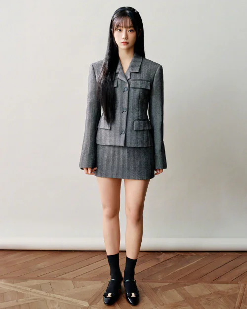 Chic Gray Blazer and Skirt Ensemble with a Modern Twist