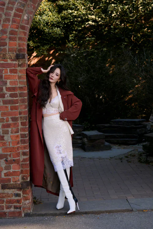 Elegant Red Coat with White Lace Ensemble and High Boots