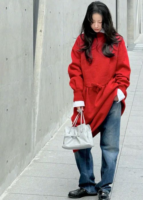 Cozy Red Sweater Dress with Wide-Leg Jeans and Classic Accessories
