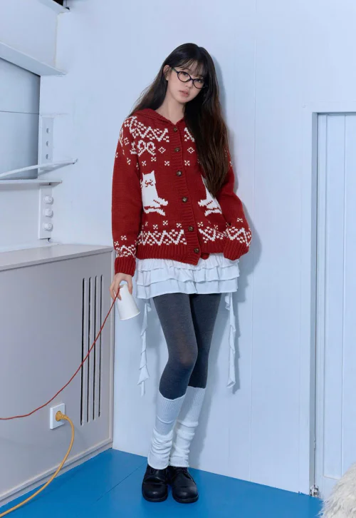 Cozy Red Cardigan with Layered Dress and Stylish Winter Accessories