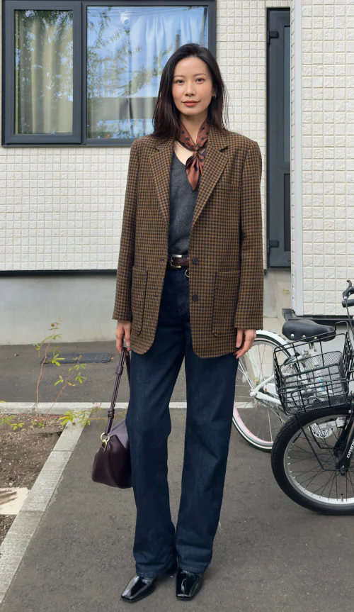 Classic Brown Check Blazer with Wide-Leg Jeans and Elegant Silk Scarf Styling