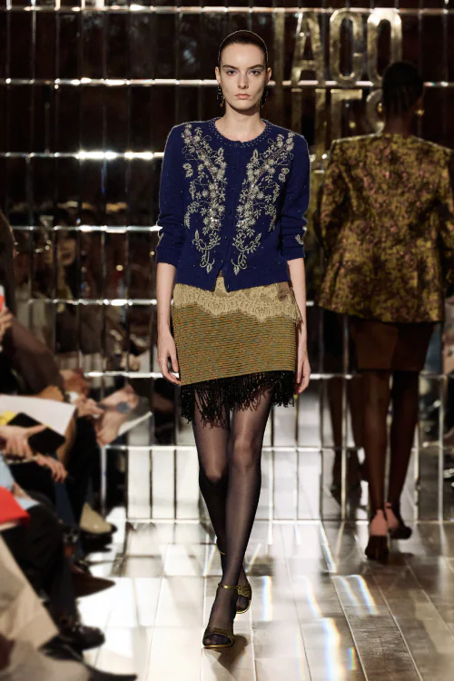 Bold Embroidered Blue Sweater with Textured Earth-Tone Fringe Skirt