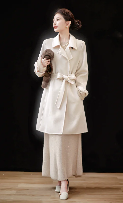 Sophisticated Cream Coat with Beige Skirt and Classic Accessories