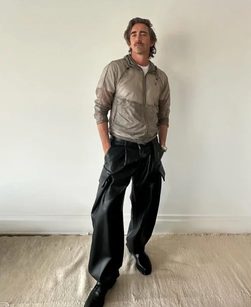 Lee Pace's New Style. Casual Modern Style with Metallic Jacket and Black Cargo Trousers