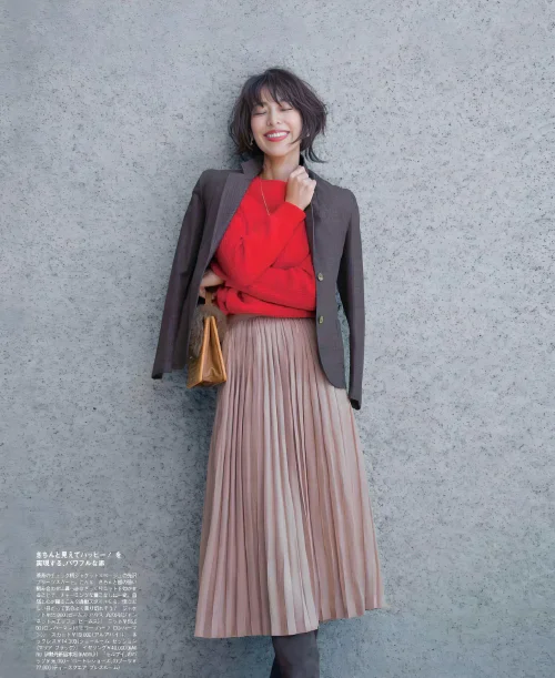 Elegant Red and Camel Pleated Skirt Outfit with Brown Blazer