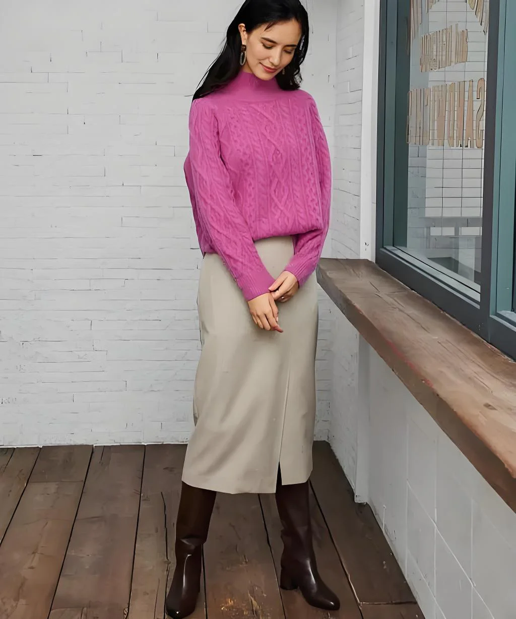 Cozy yet Chic: Fuchsia Sweater, Beige Midi Skirt, and Brown Boots Ensemble