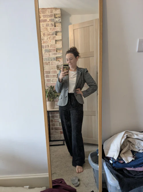 Classic Gray Blazer with White Top and Black Trousers for a Professional Look