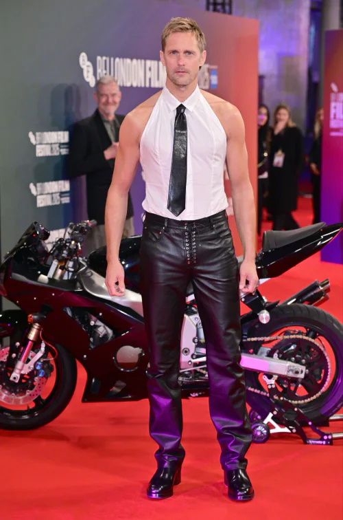 Alexander Skarsgard in Edgy Red Carpet Fashion with Leather Pants and Halterneck Shirt