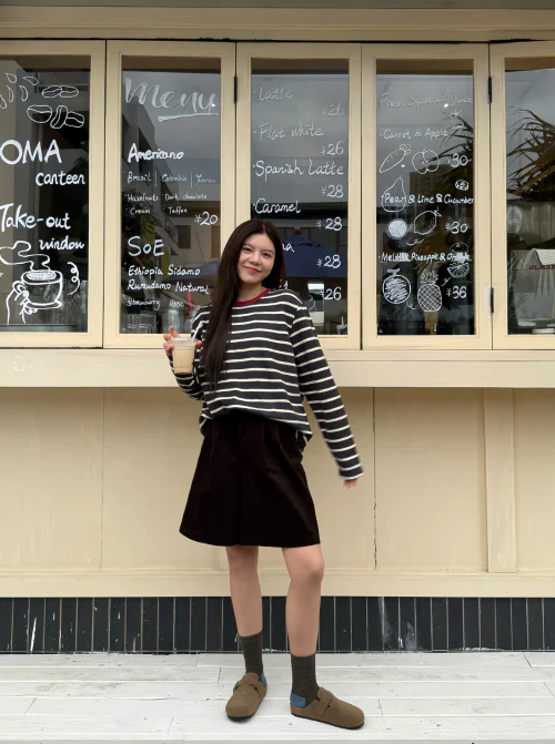Fall Outfits: Casual Striped Sweater and Skirt Look with Brown Slip-On Shoes