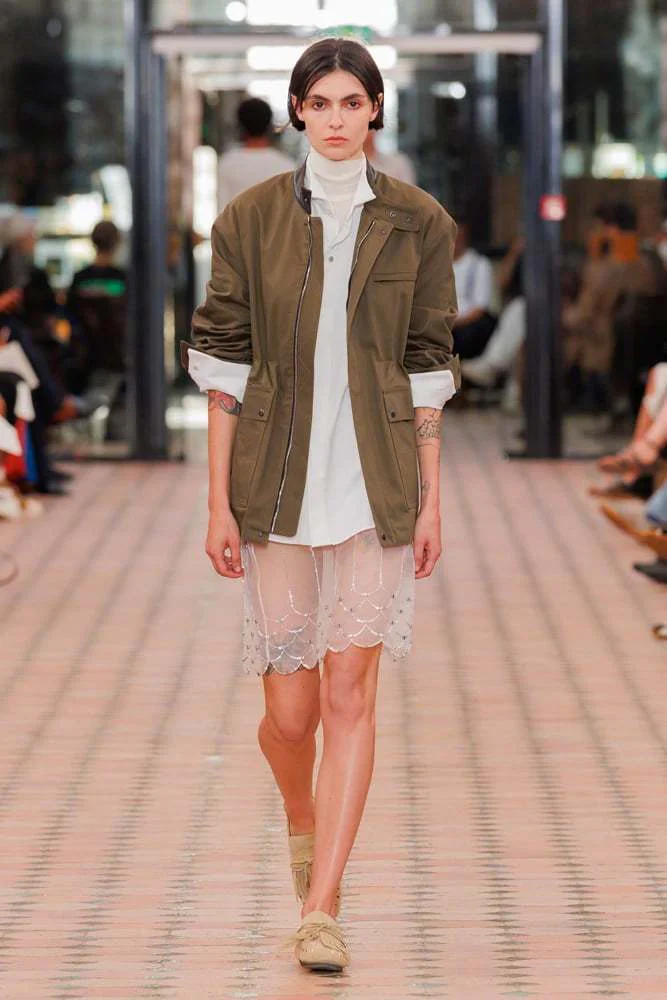 Wales Bonner Spring/Summer 2026: Olive Green Jacket Paired with Sheer Embroidered Skirt for Chic Ensemble