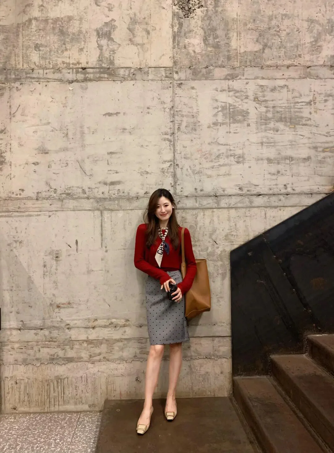 Elegant Red Top with Polka Dot Pencil Skirt and Nude Pumps Outfit