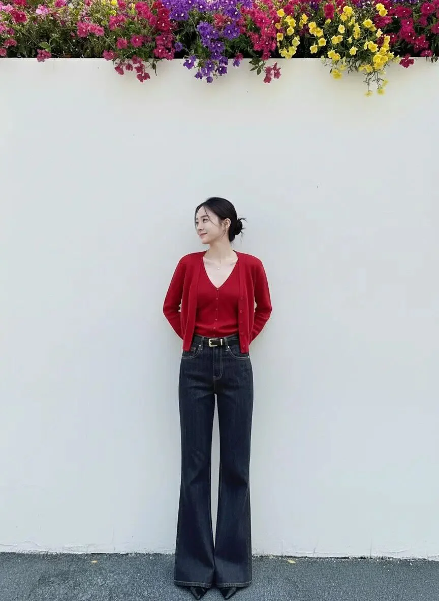 Chic Red Cardigan with Wide-Leg Denim for a Bold Statement Look