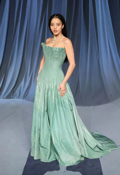 Chase Infiniti at 2025 Academy Museum Gala, Elegant Pale Green Corset Gown with Flowing Skirt for Formal Occasions