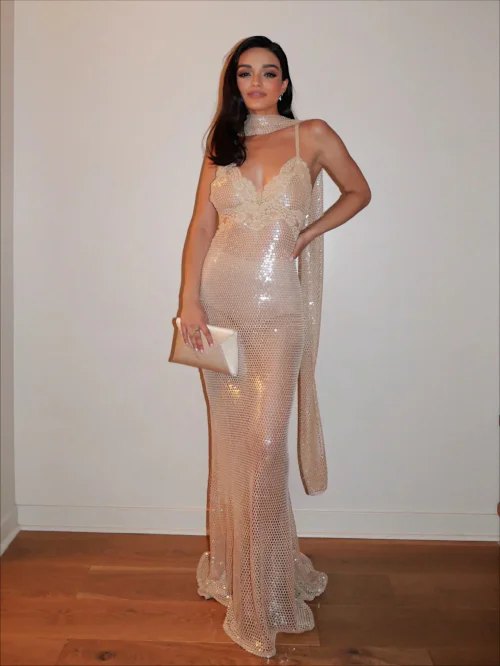 Rachel Ziegler's Sexy New Photo Shoot. Elegant Shimmering Nude Gown with Lace Details and Matching Clutch