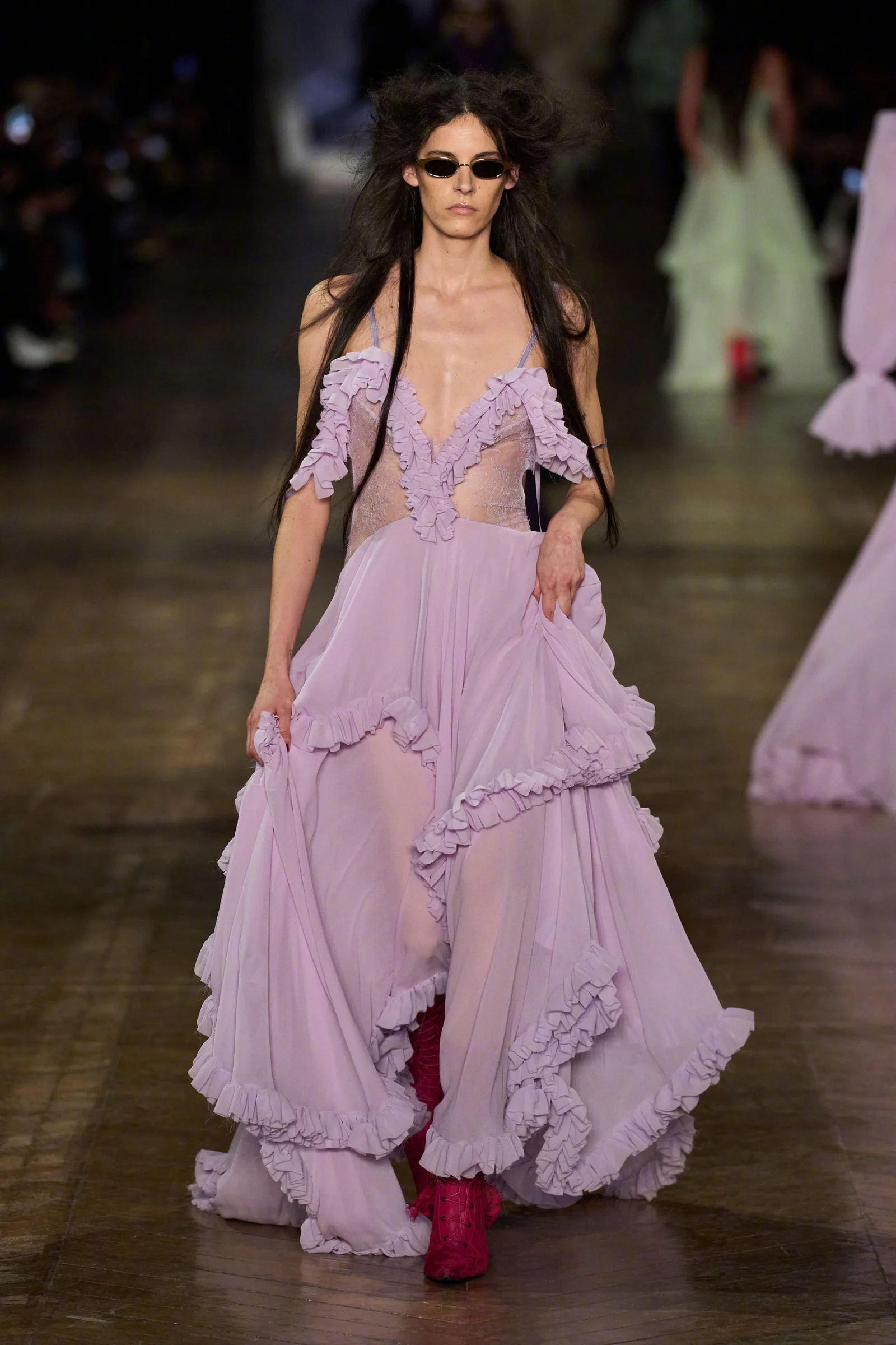Ethereal Lavender Ruffled Gown with Bold Red Boots