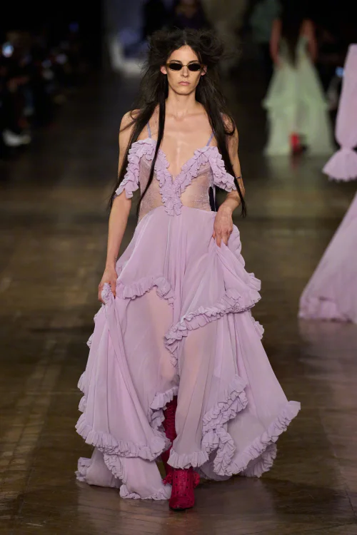 Ethereal Lavender Ruffled Gown with Bold Red Boots