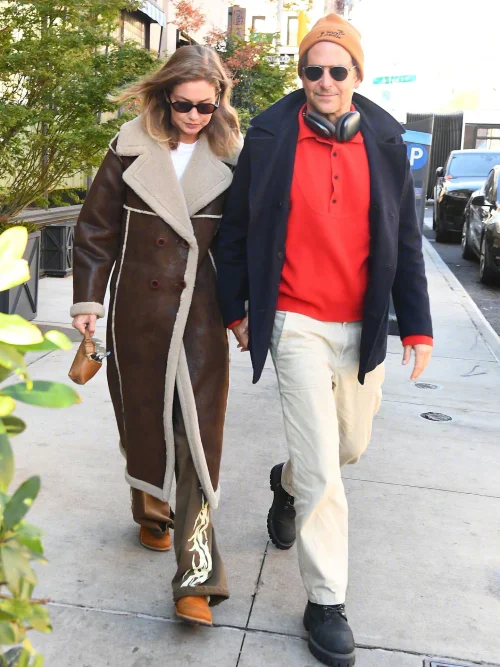 Gigi Hadid and Bradley Cooper Street Style. Cozy Winter Shearling and Casual Urban Layers with Embroidery Details