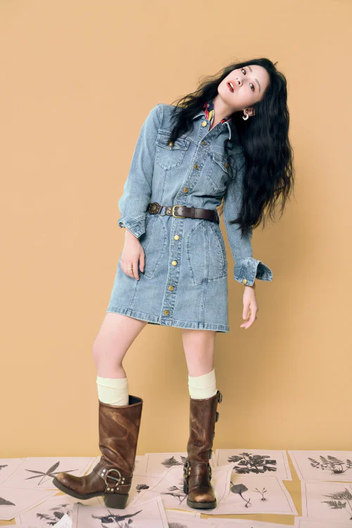 Denim Shirt Dress Paired with Brown Leather Accessories for a Modern Western Look