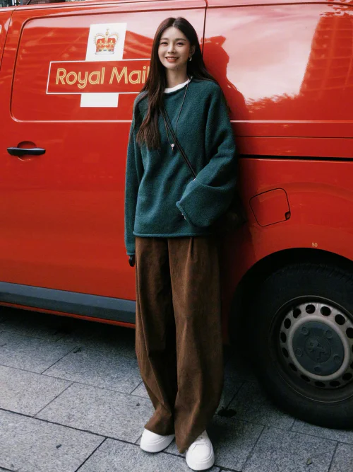 Casual Style with Teal Sweater, Brown Pants, and White Sneakers