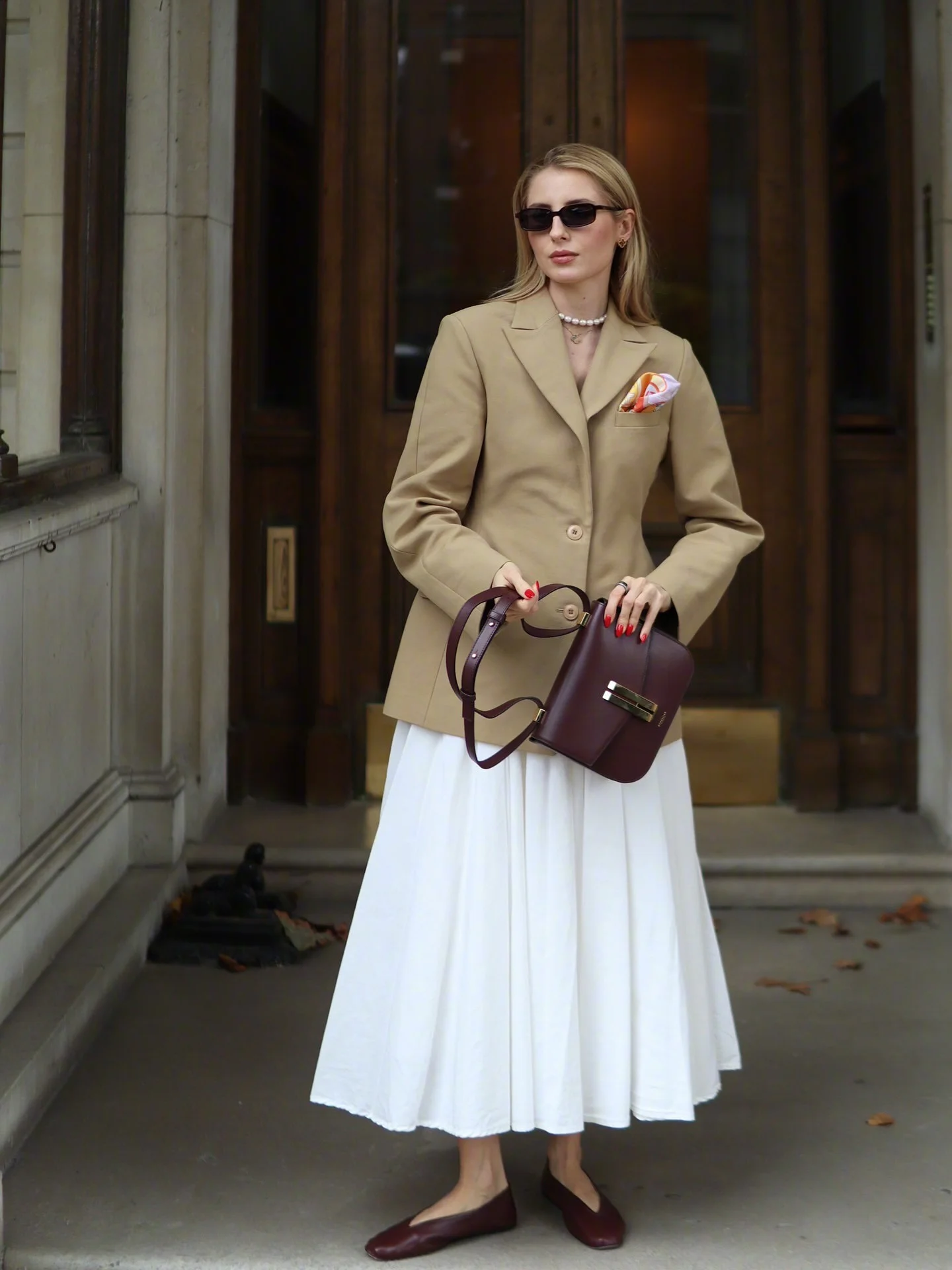 Elegant Business Casual Outfit with Tan Blazer and White Midi Skirt