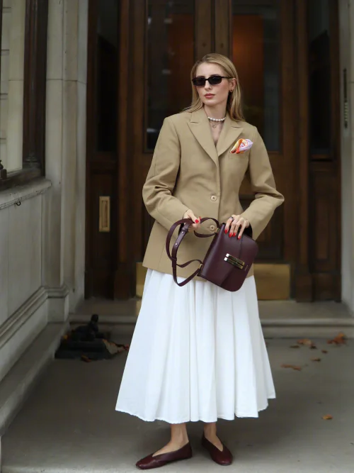 Elegant Business Casual Outfit with Tan Blazer and White Midi Skirt