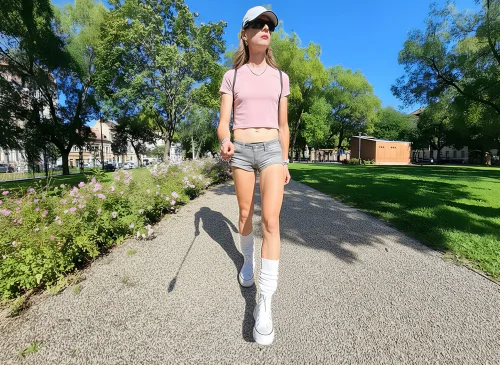 Casual Summer Chic: Pink Crop Top with Grey Shorts and White Boots