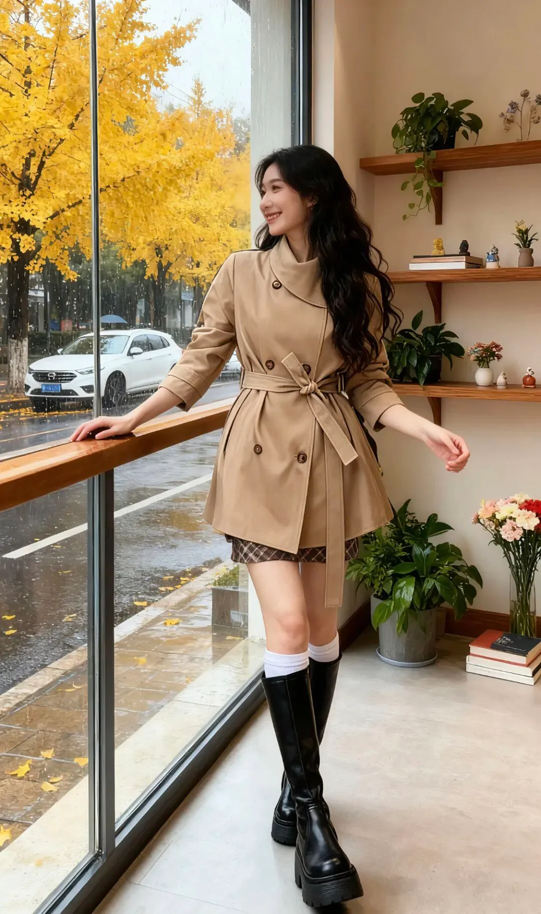 Chic Beige Trench Coat with Plaid Skirt and Black Boots for Autumn Elegance